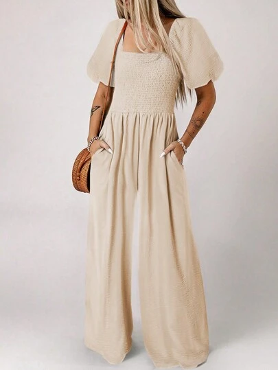 Acelitt 女士简约纯色方领短袖连体裤，宽松休闲日常穿着