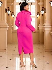 Plus Size Spring Rose Easter Long Sleeved Small Fragrant Style Slim Fit Asymmetry Ruffles Collar Peplum Buttons Slim Birthday Wedding Dresses For Women Valentine's Day - Hot Pink - View 4