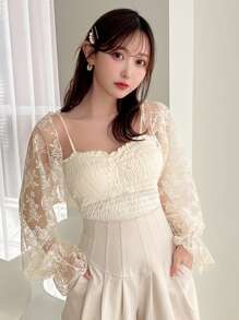 FRIFUL Women's Summer Lace Bat Sleeve Sheer Top With Long Sleeve,Ruffle - Beige - View 7