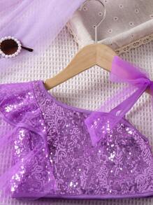 SHEIN Young Girl 2pcs/Set Sparkly Sequin Mesh Contrast Outfit, Suitable For Summer,Holiday,Summer,Travel, School, Campus, College