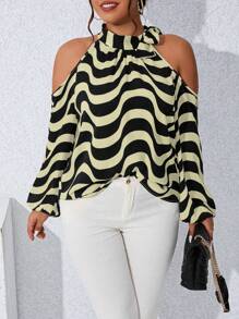 SHEIN Clasi Plus Size Women's Fashionable Cold-Shoulder Asymmetrical Striped Shirt For Summer - Multicolor - View 3