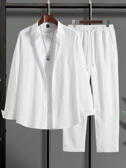 Manfinity Homme Men's Plain Color Turn-Down Collar Long Sleeve Shirt And Pants Suit, Fall Clothes, Cozy Outfits