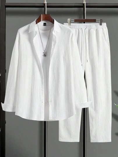 Manfinity Homme Men's Plain Color Turn-Down Collar Long Sleeve Shirt And Pants Suit, Fall Clothes, Cozy Outfits