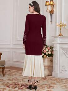 Modelyn Burgundy Red Women Color Block Patchwork Diamond Decorated Fish Tail Dress - Burgundy - View 2