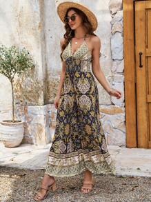 Breezaya Women's Summer Holiday Style Floral Print Waist Tie Halterneck Dress