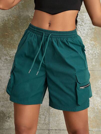 Y2K Street Drawstring Elastic Waist Flap Pocket With Zipper Detail Baggy Casual Outdoor Cargo Shorts Summer