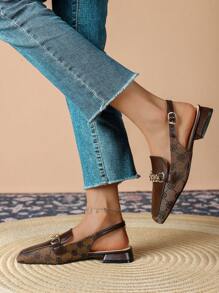 Women's Flat Vintage Square Toe Floral Embroidery With Fashion Buckle And Back Strap, Slingback Shoes Valentines - Coffee Brown - View 6
