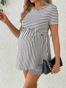SHEIN Camiseta De Maternidad Cómoda A Rayas De Cintura Alta Para Uso Diario En Verano
