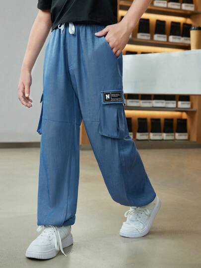 SHEIN Tween Boys' Casual Cool Denim Effect Pants With Ice Silk Material