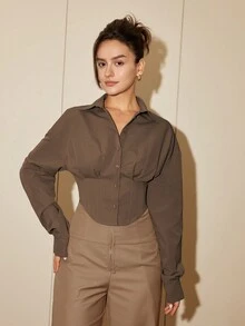 女士纯色长袖收腰优雅衬衫，休闲开衫，春秋季女装，商务休闲，开斋节服装 - 棕色 - 查看 4