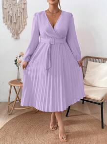 Plus Size Solid Color Lantern Sleeve Dress With Pleated Hem - Purple - View 3