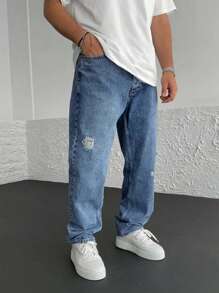 Men Ripped Straight Leg Jeans - Medium Wash - View 5