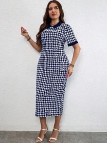 SHEIN Clasi Kích thước lớn Của phụ nữ Mùa hè Vòng cổ Ngắn tay Thon gọn Váy chữ A Với Đồ họa Houndstooth - Màu xanh lam - Xem 6