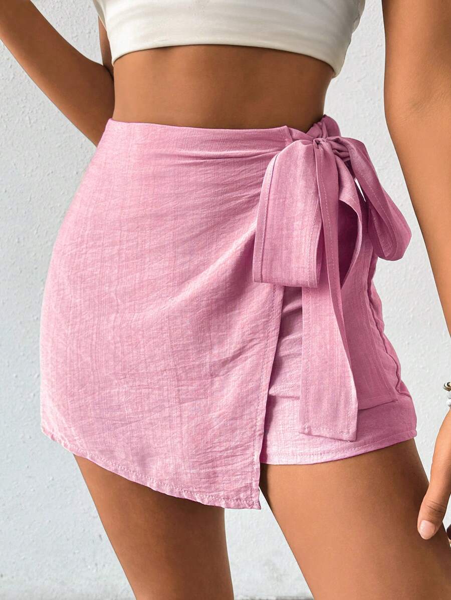 Chiquease Women's Solid Color Side Tie Skorts, Suitable For Summer - Pink - View 1