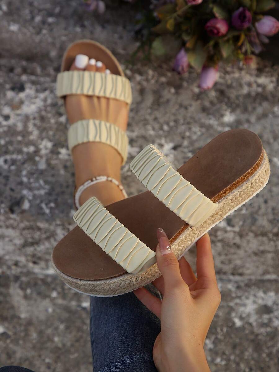 女式楔型厚底涼鞋,帶防水平台和舒適的pu皮革鞋面 - 米色 - 查看 1