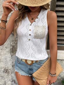 SHEIN LUNE Women's Summer Button Decorated Sequin Patchwork V-Neck Tank Top With Pockets
