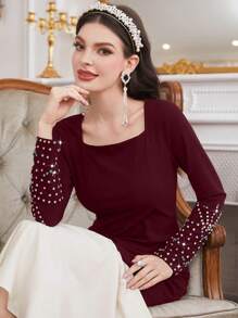 Modelyn Burgundy Red Women Color Block Patchwork Diamond Decorated Fish Tail Dress - Burgundy - View 4