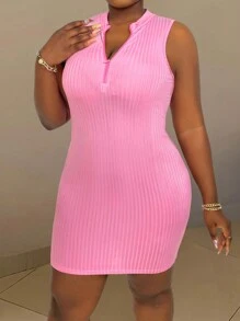 Franclia 大码纯色弹力针织紧身连衣裙 - 粉色 - 查看 5