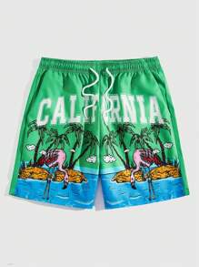 ROMWE MEN Street Life Men's Holiday Printed Woven Shorts, Suitable For Daily Wear During Spring And Summer - Green - View 1