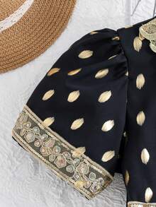 SHEIN Tween Girls' Gorgeous Golden Floral Printed Collar & Cinching Waist Dress With Embroidered Hem, Perfect For Party In Summer - Black - View 3