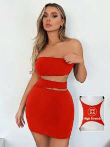 SHEIN SXY Solid Color Hollow Out Slim Fit Strapless Mini Dress Suitable For Summer