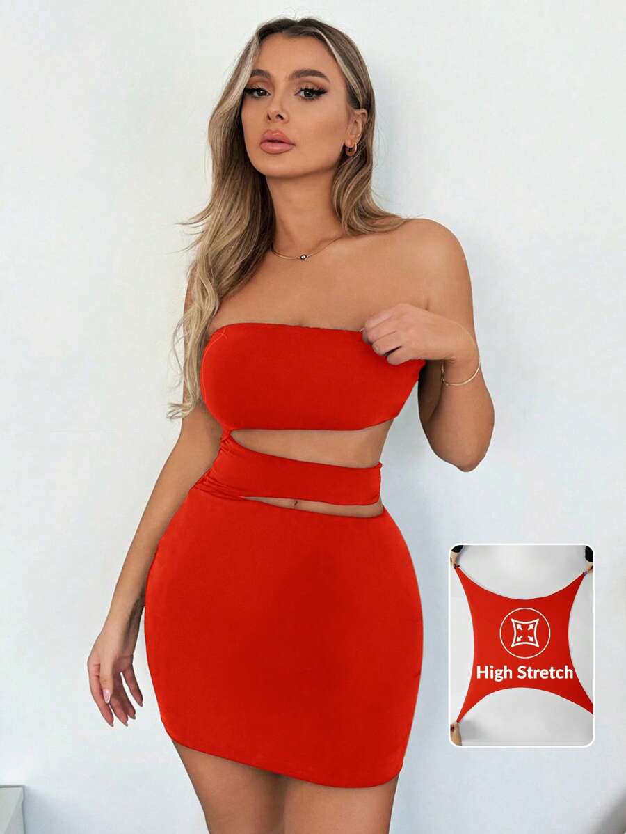 SHEIN SXY Solid Color Hollow Out Slim Fit Strapless Mini Dress Suitable For Summer