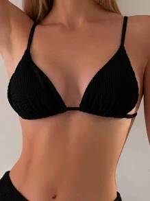 SHEIN Swim Conjunto de bikini simple y sólido para mujer, verano playa - Negro - Ver 3