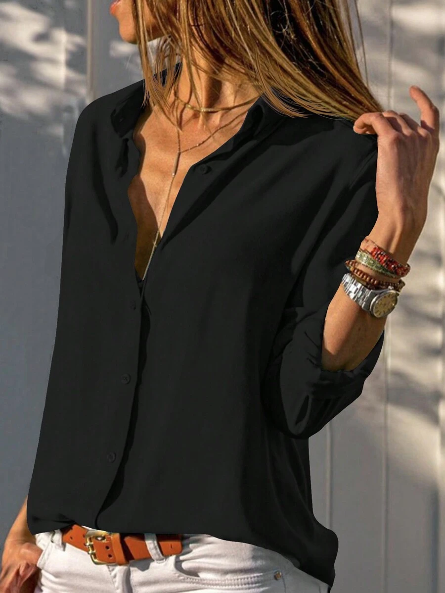 EURMUSE Solid Button Front Shirt