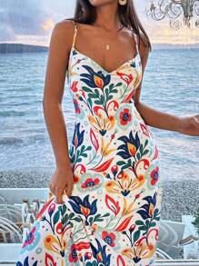 RueChic Women's Summer Floral Printed Halter Neckline Dress With Fish Tail Hem