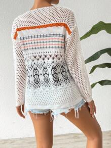 Breezaya Suéter holgado de cuello redondo con contraste de color y calado, jersey de punto para otoño e invierno - Blanco - Ver 3