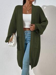 EMERY ROSE Solid Color Simple Long Sleeve Cardigan,Long Sleeve Tops Fall Winter Cloth For Women - Army Green - View 6