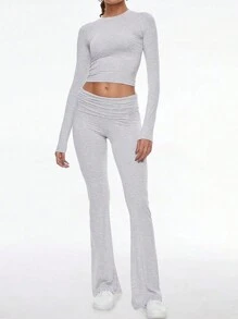 Women's Two Pieces Autumn Outfit Y2K Sporty Casual Home Daily Solid Color Round-Neck Long-Sleeved T-Shirt Fitted Long Pants Set