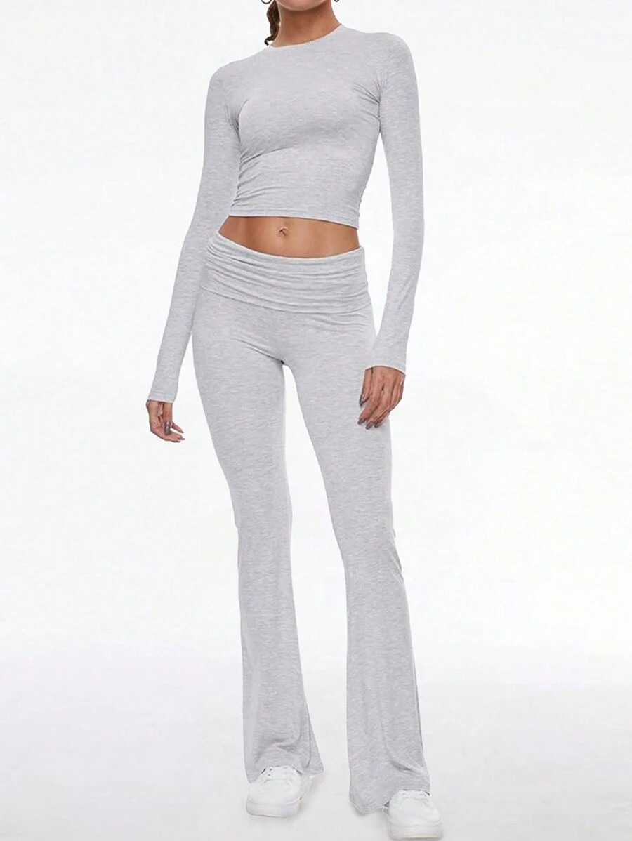 Women's Two Pieces Autumn Outfit Y2K Sporty Casual Home Daily Solid Color Round-Neck Long-Sleeved T-Shirt Fitted Long Pants Set