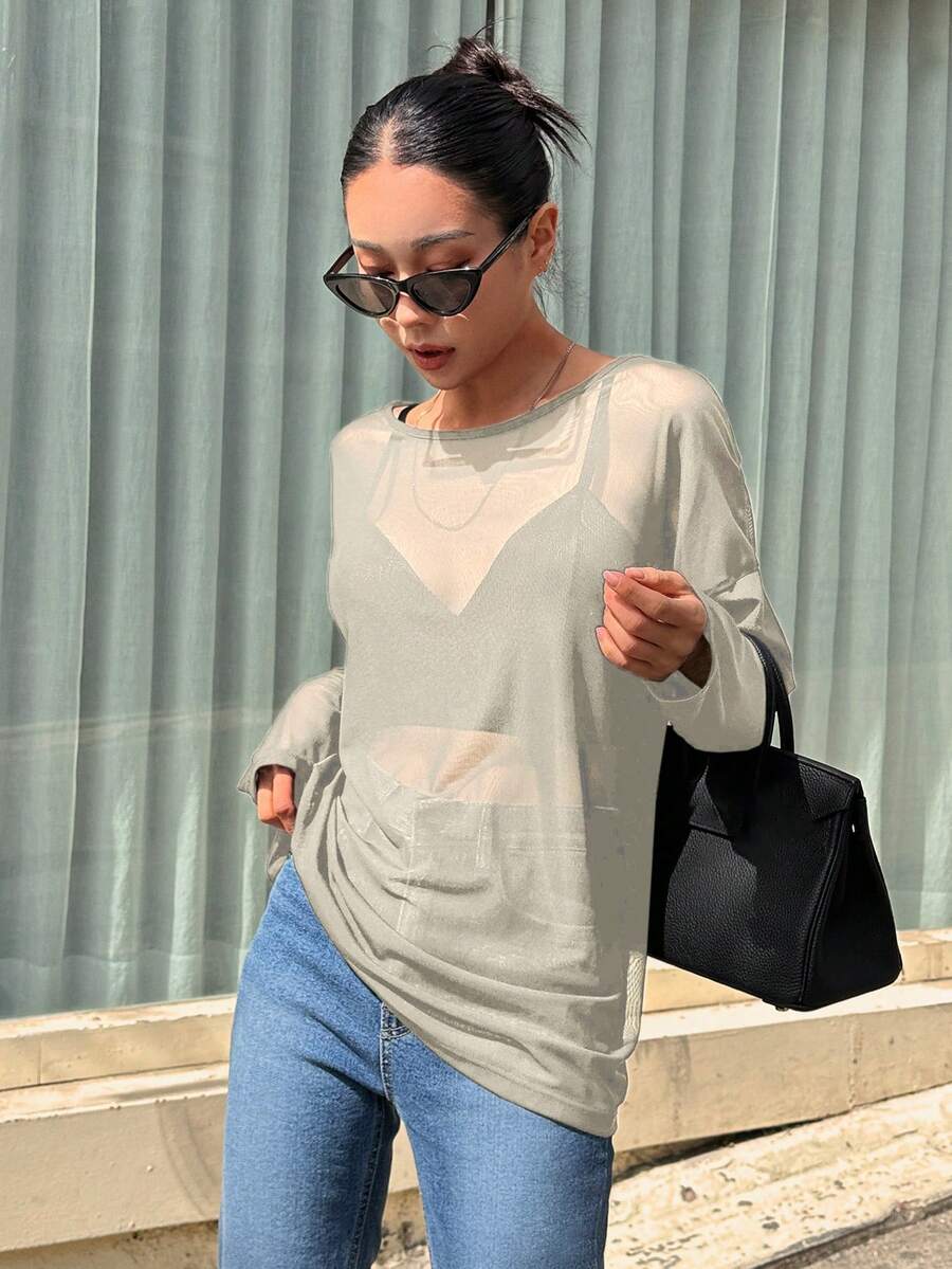 DAZY Màu thuần Gầy Tay áo dài Lỏng lẻo Vòng cổ Áo - Màu be - Xem 1