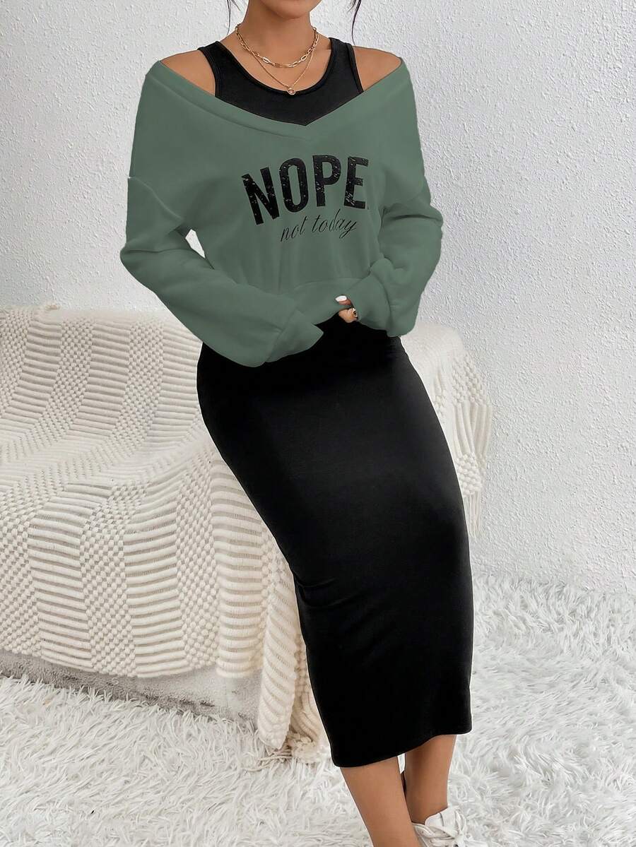 SHEIN Essnce 女式字母印花上衣和纯色修身无袖连衣裙两件套 - 彩色 - 查看 1