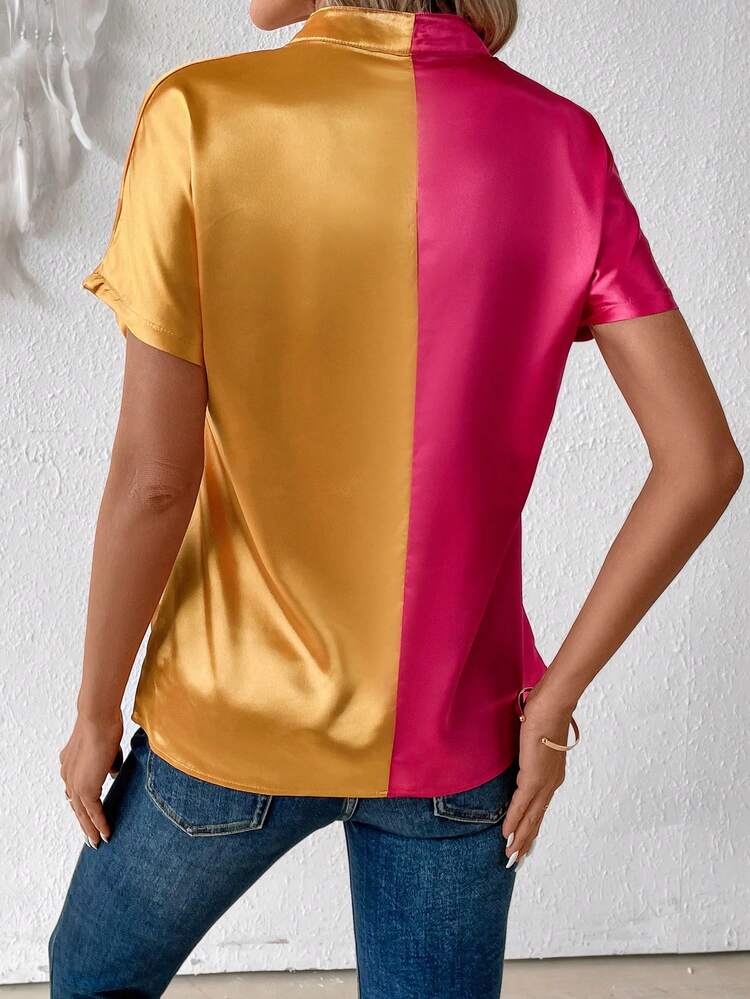 Women's Summer Batwing Short Sleeve Color Blocked Shirt With Notched V-Neck & Weave Trim
