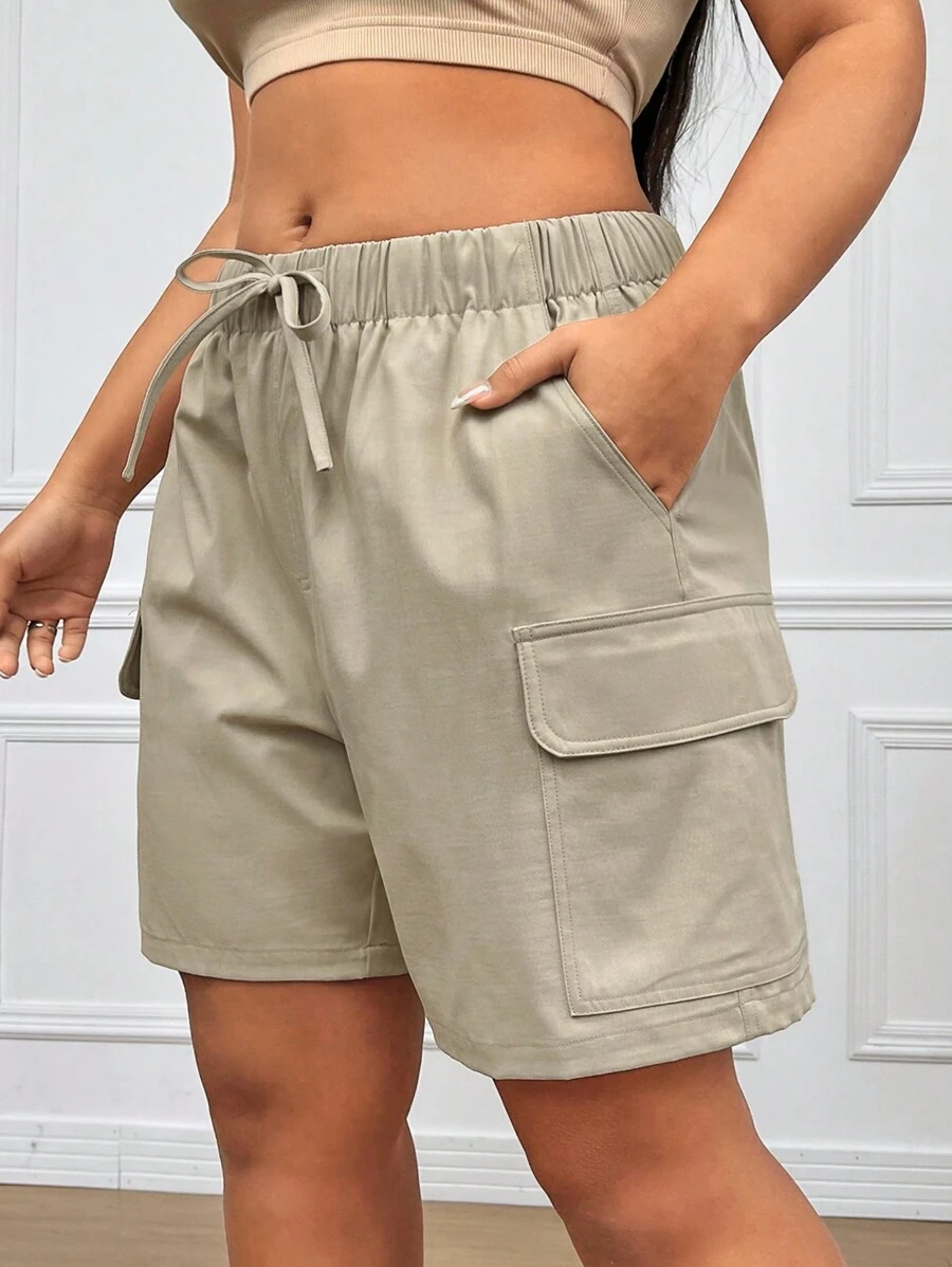 CovetEZ 大碼女士束腰休閒貨物短褲 - 卡其色 - 查看 1