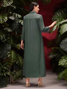 Al Najma 女士純色長款衬衫式阿拉伯長袍 - 軍綠色 - 查看 2