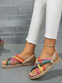 Women's Flat Rainbow Color Casual Sandals With Woven Rope Soles, Summer