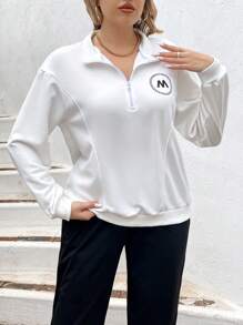 SHEIN Sports 大碼寬鬆字母印花半拉鍊運動帽衫