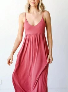 SHEIN LUNE Women's Solid Color Long Flared Spaghetti Strap Dress - Pink - View 6