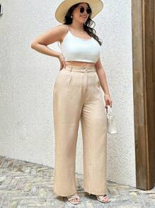 RueChic Plus Size Frenchy Wide Leg Pants With Slanted Pockets Solid Color - Camel - View 4