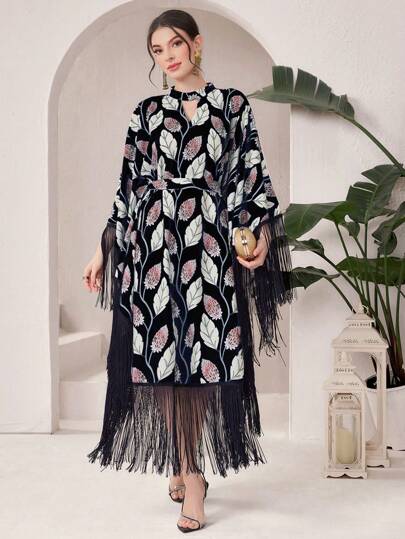Al Najma 女士鑽石領全印花流蘇裝飾土耳其裙