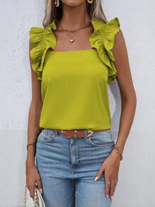 SHEIN Clasi Blusa de unicolor para damas con decoración de encaje, blusas sin mangas - Verde Oliva - Ver 7