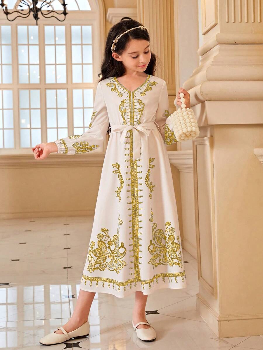 SHEIN Vestido de manga larga con cuello en V y estampado floral para niña preadolescente, con un toque de romanticismo y glamour, para primavera/verano - Café integral - Ver 1