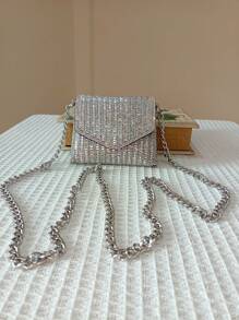 女性閃亮鏈條斜挎包，女士迷你鑲鉆小信封肩袋，鑽石手提晚宴包 - 銀色 - 查看 2
