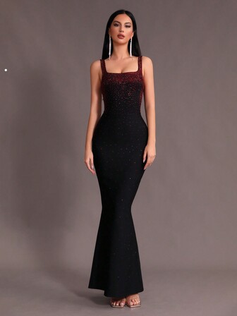 Modphy Nowa moda damska czarna luksusowa kryształki bez rękawów seksowna kwadratowa dekolt bodycon maxi rybi ogon bandaż sukienka, formalna suknia wieczorowa na wesele sukienka dla gościa weselnego