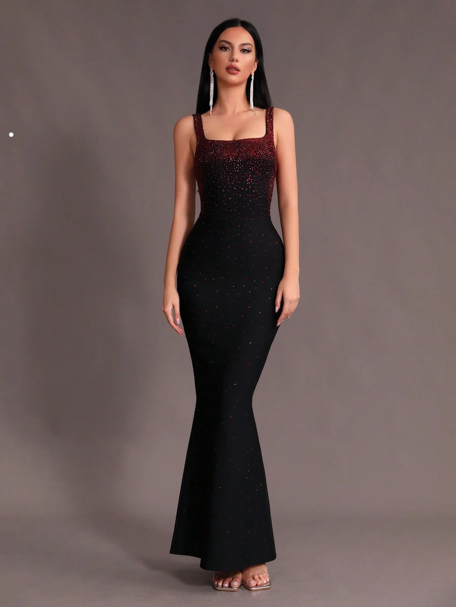 Modphy 全新时尚女式黑色奢华水钻无袖性感方领紧身超长鱼尾绷带连衣裙，正式婚礼派对晚礼服婚礼宾客礼服 - 黑色 - 查看 1