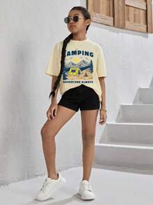 SHEIN 女孩山和字母圖案T恤 - 杏色 - 查看 4