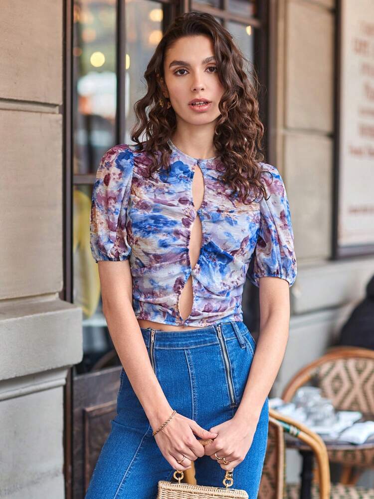 Chiffon Ombre Bubble Sleeve Ruched Fitted Top For Summer Vacation Flower Casual